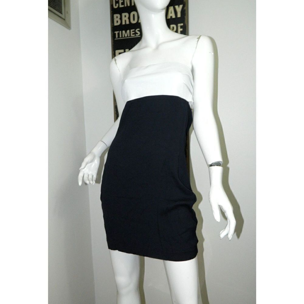 L'AGENCE Dress Size Small White Leather Bodice Navy Blue Barney's Strapless‎